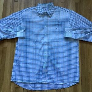 Lacoste Men's Size XL Blue/White Checked Button Front Dress Shirt,100% Cotton